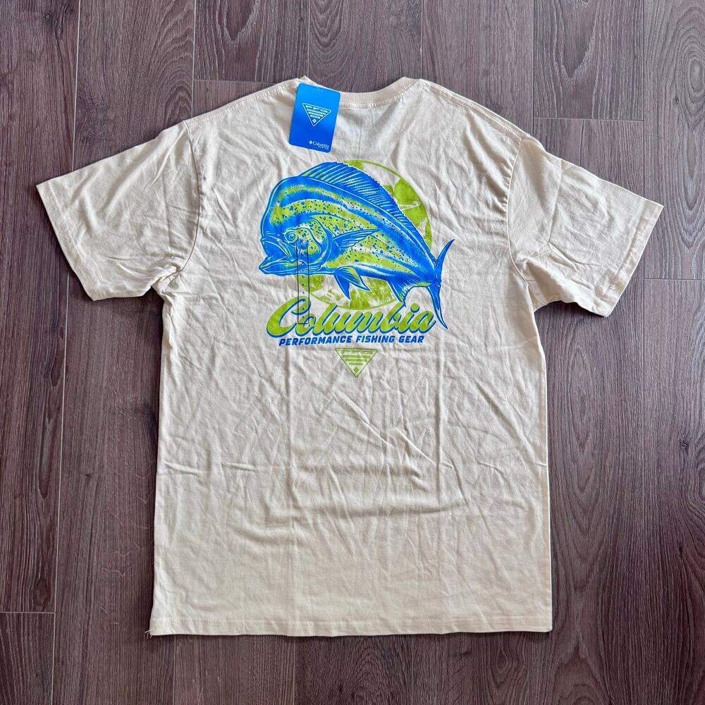 Columbia PFG Rhodes TShirt Fish Graphic Fishing Green Blue Cream Men Large NEW